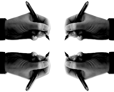 four hands with pens